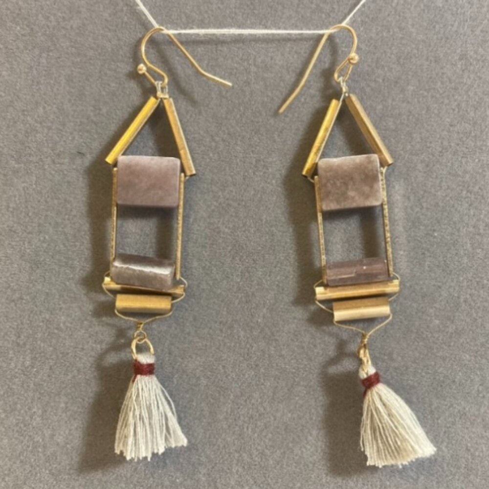 Gold Earrings with Stones & Gray Fringe